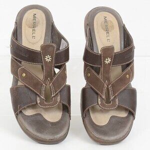 Merrell Luxe Women's 8 Slide Coffee Leather Slip On Block‎ Heel Slide Sandal